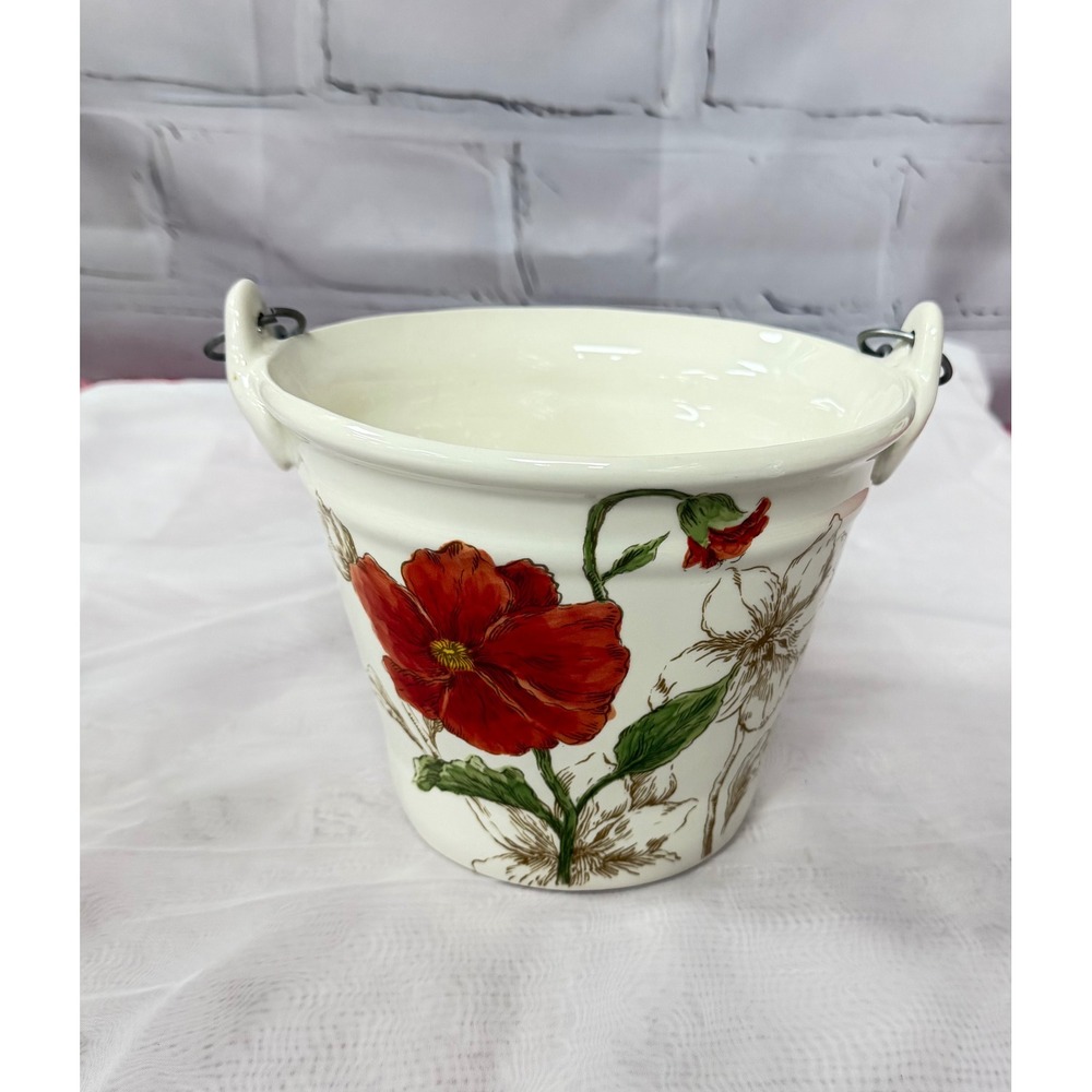 Maxcera Sketch Poppy Ceramic Planter Flower Pot with Metal Wire Handles
